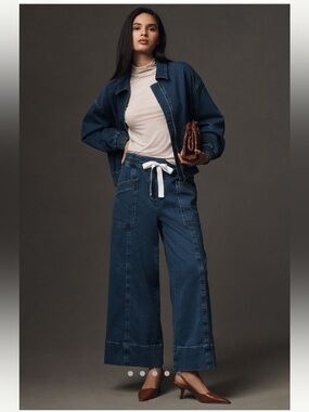 Maeve Indigo Wide-Leg Denim Jeans with White Drawstring